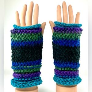 Hand Knitted Blue Purple Green Black Women's Fingerless Mittens Gloves